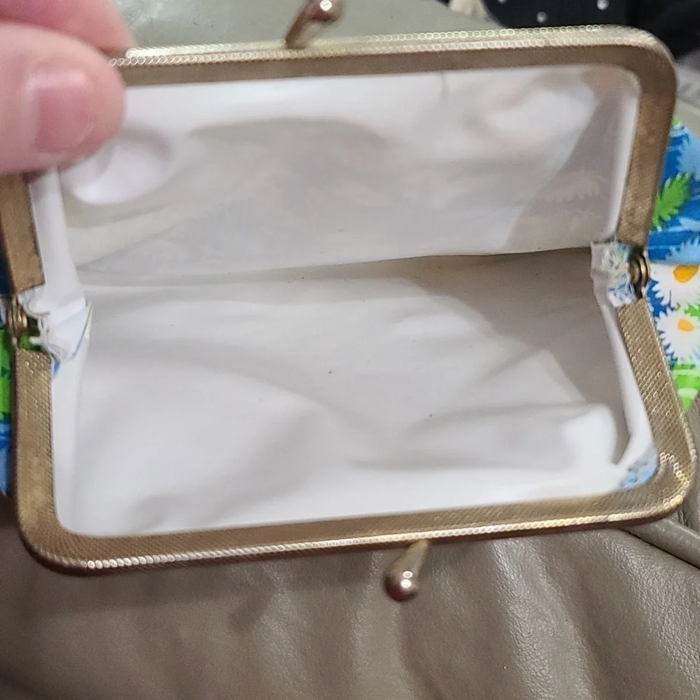 Vintage Womens‎ Purse Clutch Cosmetic Bag Blue/W Daisies Goldtone Kiss Lock EUC